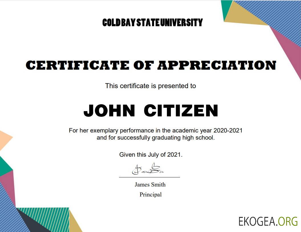 Modèle de certificat d'appréciation de l'obtention du diplôme aux États Unis au format Word et PDF